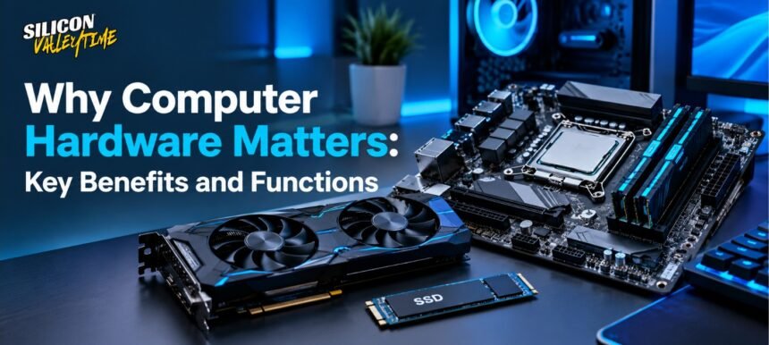 Importance of hardware showing CPU, motherboard, graphics card, RAM, and SSD.