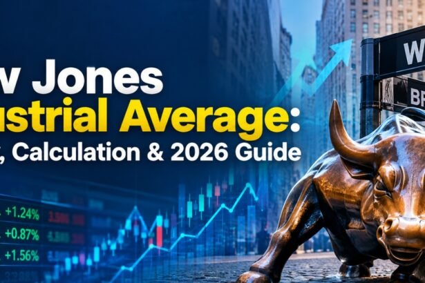 Dow Jones Industrial Average featuring Wall Street, stock market charts, and the Charging Bull.