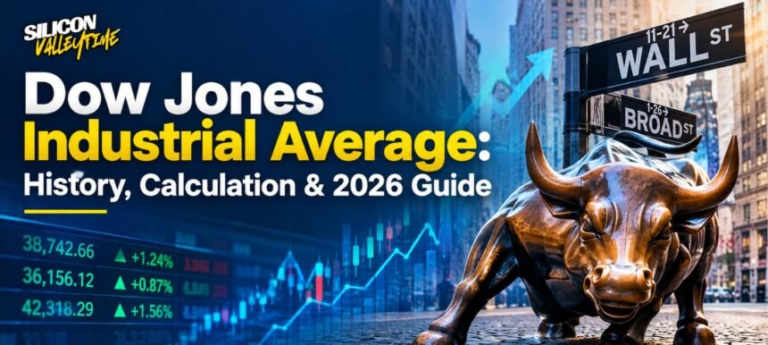 Dow Jones Industrial Average featuring Wall Street, stock market charts, and the Charging Bull.