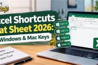 Excel shortcuts cheat sheet 2026 showing 100+ keyboard shortcuts for Windows and Mac users.