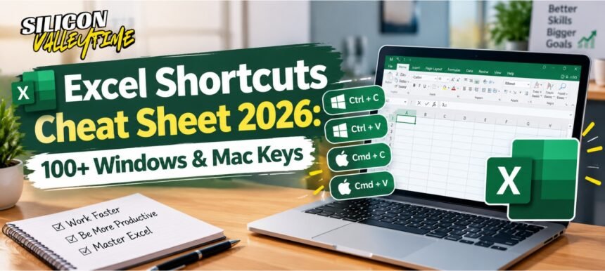 Excel shortcuts cheat sheet 2026 showing 100+ keyboard shortcuts for Windows and Mac users.