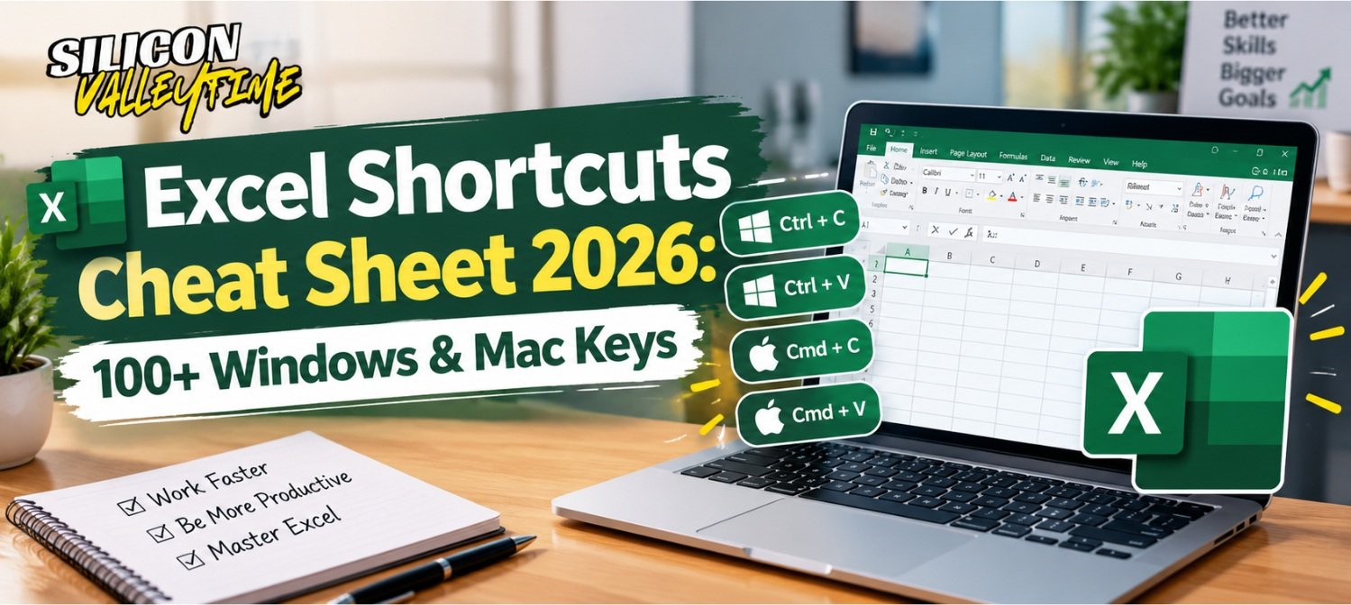 Excel shortcuts cheat sheet 2026 showing 100+ keyboard shortcuts for Windows and Mac users.