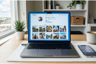 Laptop displaying a generic public social media InstaPV profile interface
