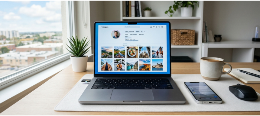 Laptop displaying a generic public social media InstaPV profile interface