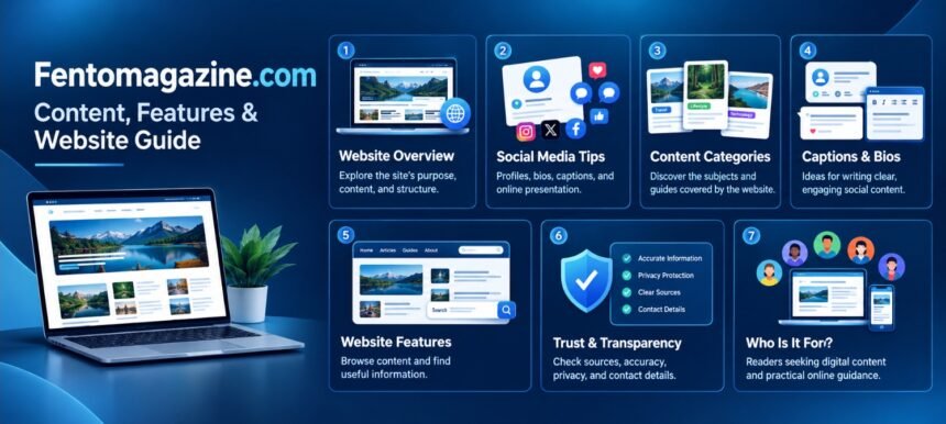 Fentomagazine.com website guide covering content categories, social media tips, captions, features, and website credibility.