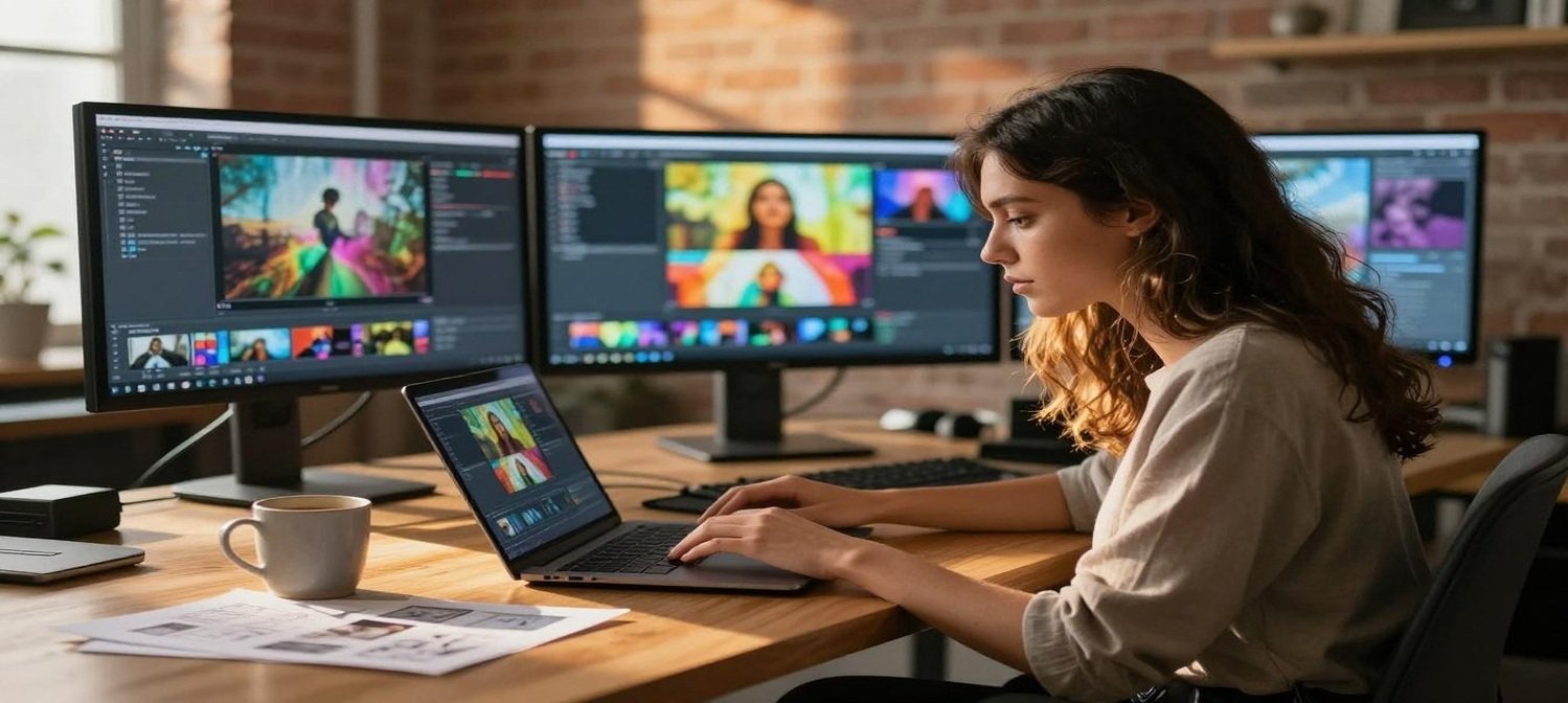 Digital creator working on online content using a laptop