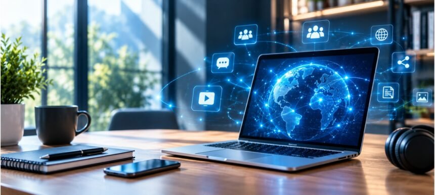 Freeoners digital culture concept featuring a laptop and connected online network.