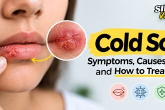 Close-up of a cold sore on the upper lip showing early blister stage