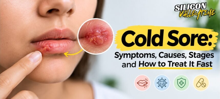 Close-up of a cold sore on the upper lip showing early blister stage