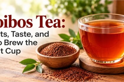 Cup of red rooibos tea with loose rooibos leaves on a wooden table