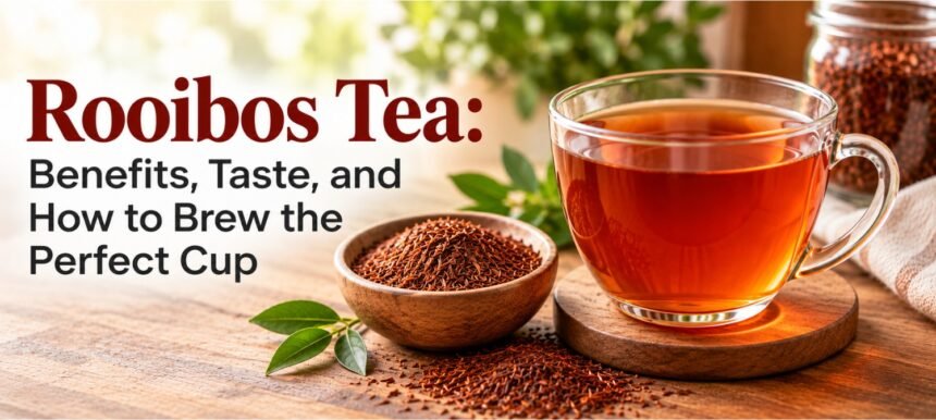 Cup of red rooibos tea with loose rooibos leaves on a wooden table