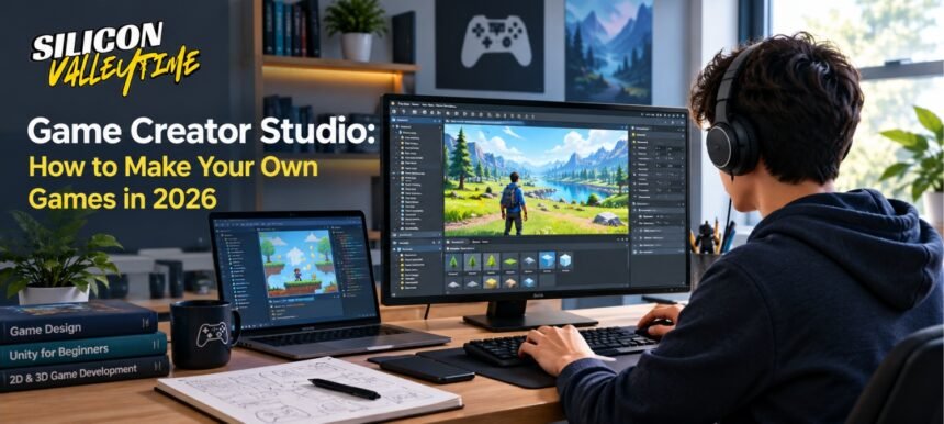 Game Creator Studio guide showing game development tools, creative design features, and steps to build your own video game