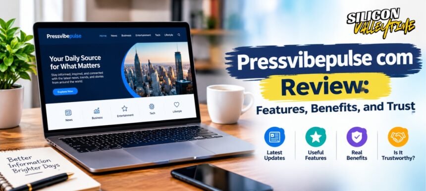 Pressvibepulse com review highlighting website features, content, benefits, and trustworthiness.
