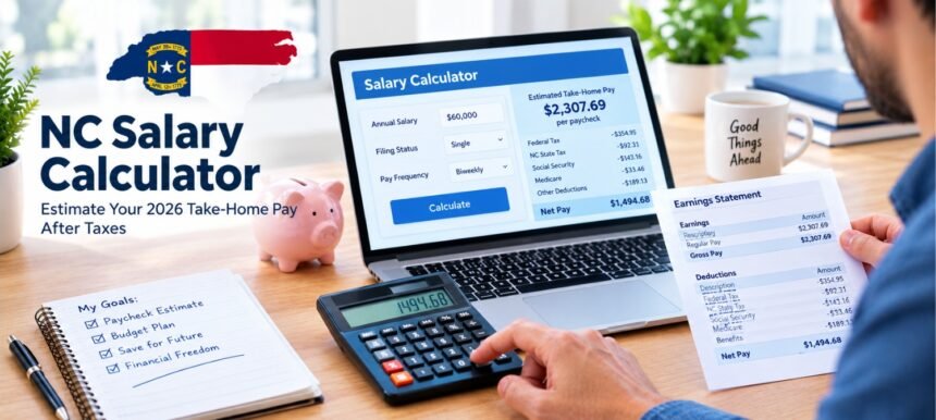 NC salary calculator showing estimated 2026 take-home pay after taxes in North Carolina.