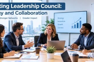 Marketing leadership council meeting focused on business strategy, team collaboration, and growth.